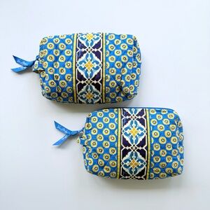 Vera Bradley Set of Two Retired Riviera Blue & Yellow Quilted Cosmetic Bags